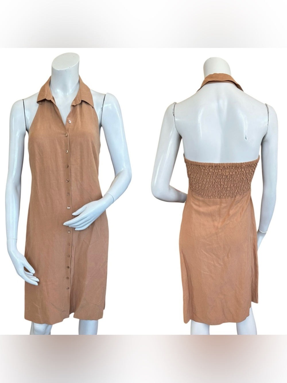 Tommy Bahama Tan Silk & Linen Blend Halter Short Length Button Down Dress XS
